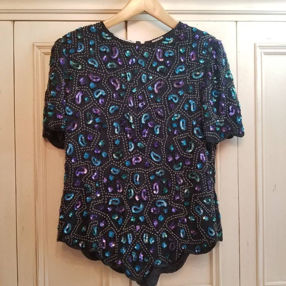 Vintage Silk Beaded Sequin Top L